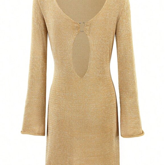 Khaki Women's Sexy Metallic Ring Hollow Deep V-Neck Knit Wrap Knit Mini Dress - Picture 6 of 8